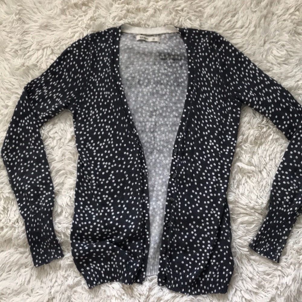 Navy and white polka dot cardi